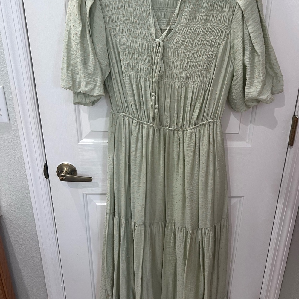 Moon River Sage Green Tiered Midi Dress with Puff Sleeves